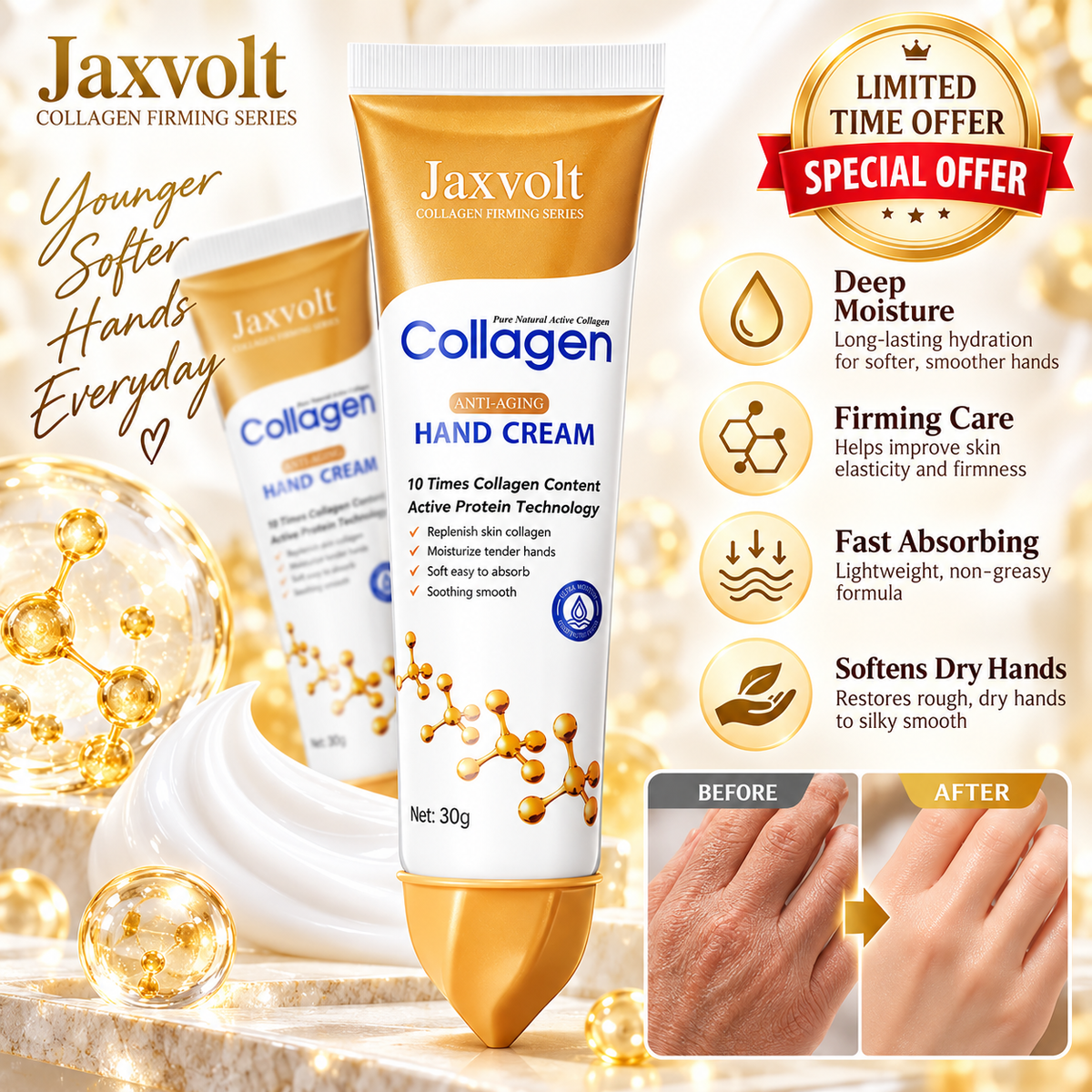 ✨ Deeply hydrates dry, rough hands with a nourishing collagen formula. Helps soften cracked, tired-looking skin while locking in moisture for smoother, softer hands every day.