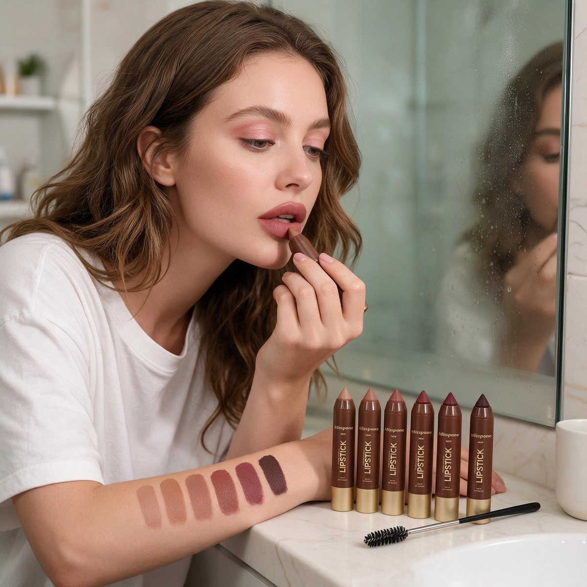 🔥6-Piece Matte Lip Crayon Set – Nude, Mauve & Brown Liner + Lip Color