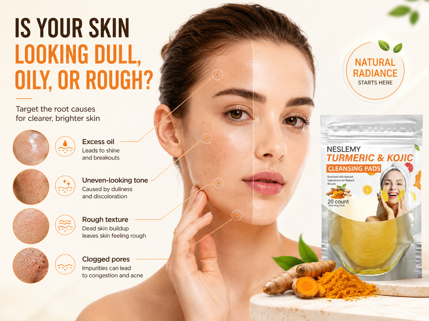 Turmeric & Kojic Acid Cleansing Pads, Gentle Deep Clean Soft Texture Facial Skincare Pads 20pcs🍯