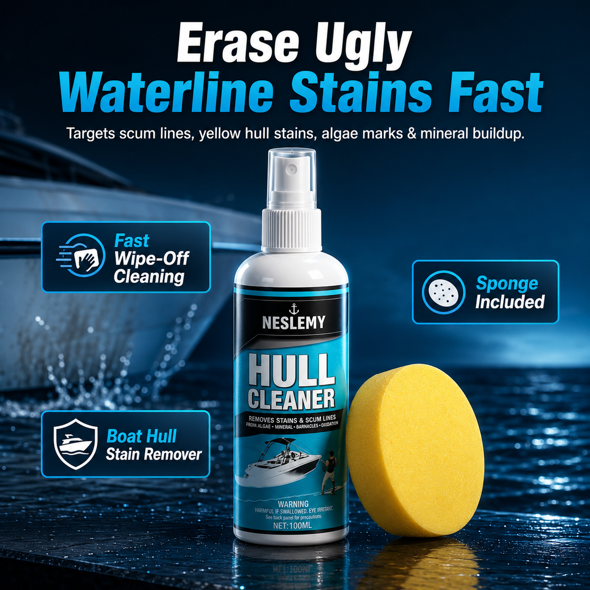 Boat hull cleaner with yellow sponge