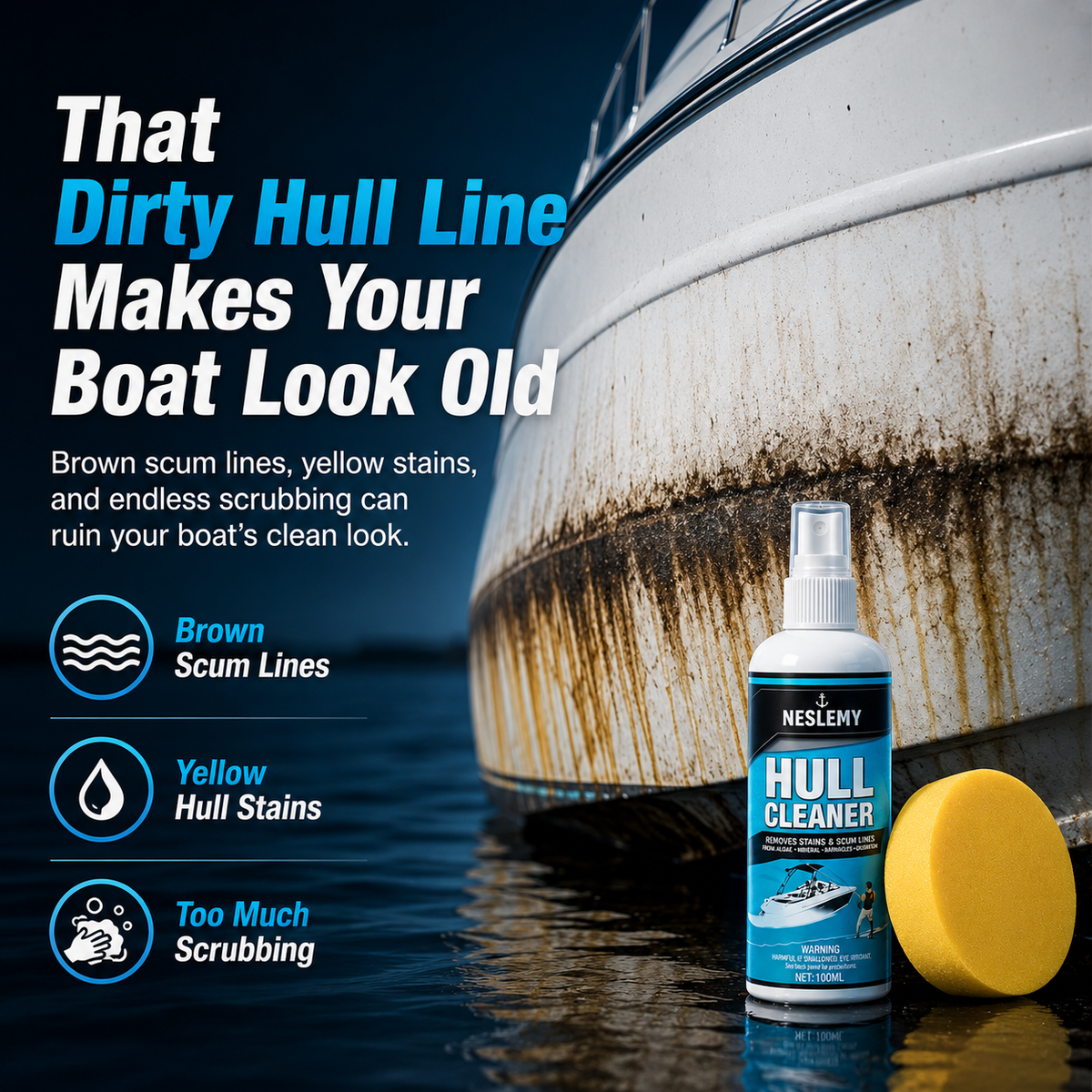 Dirty boat hull with stains