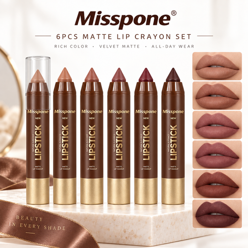 🔥6-Piece Matte Lip Crayon Set – Nude, Mauve & Brown Liner + Lip Color