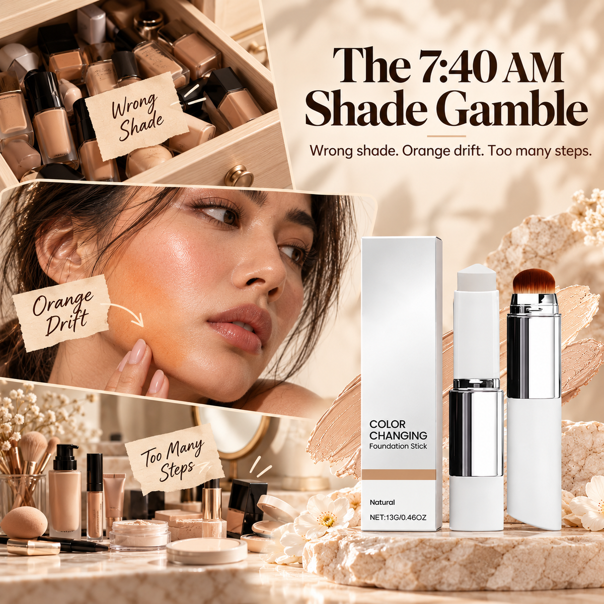 🔥Last Day - Buy 1 Get 1 Free✨Jaxvolt Korean 2‑in‑1 Color‑Changing Foundation Stick with Travel Brush
