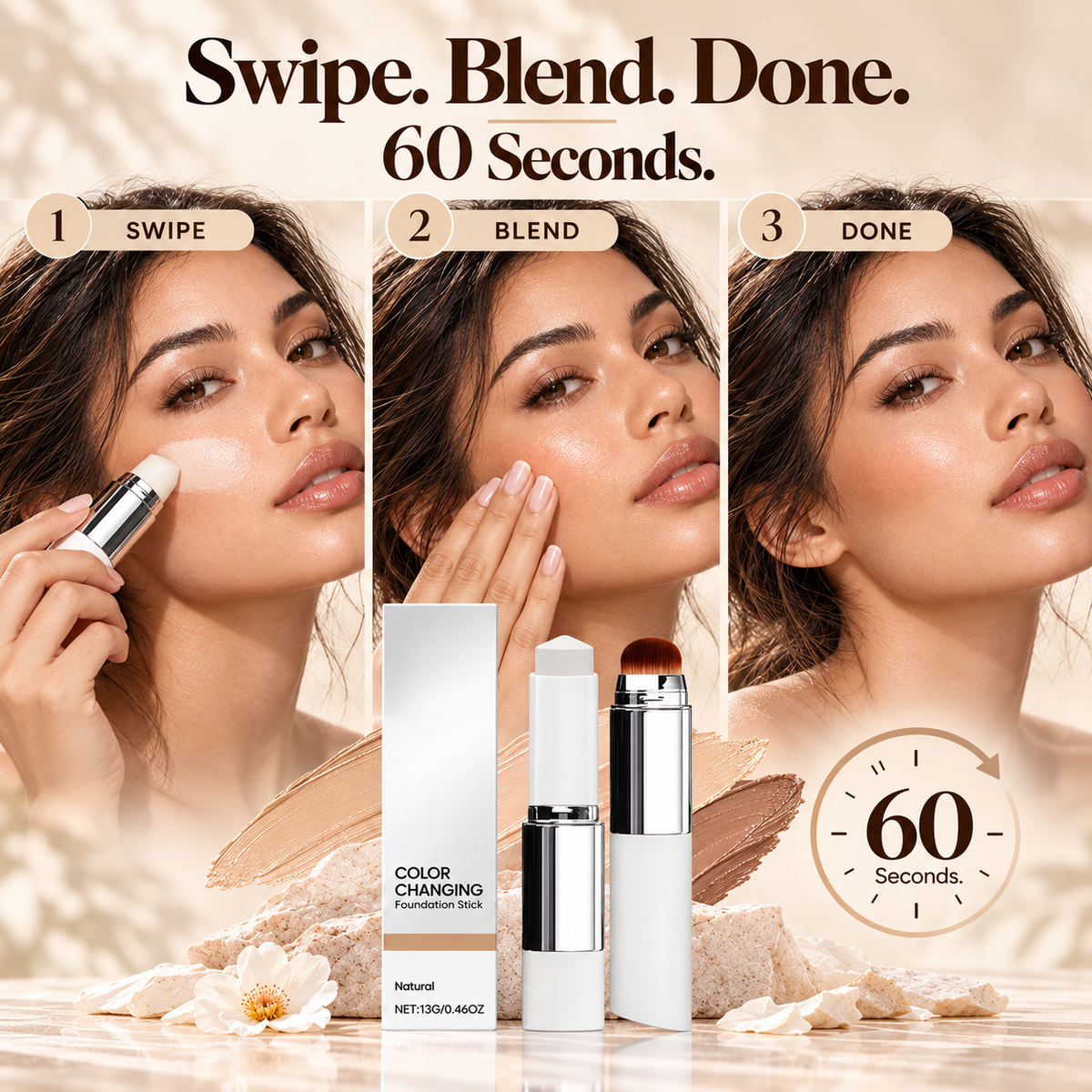 🔥Last Day - Buy 1 Get 1 Free✨Jaxvolt Korean 2‑in‑1 Color‑Changing Foundation Stick with Travel Brush