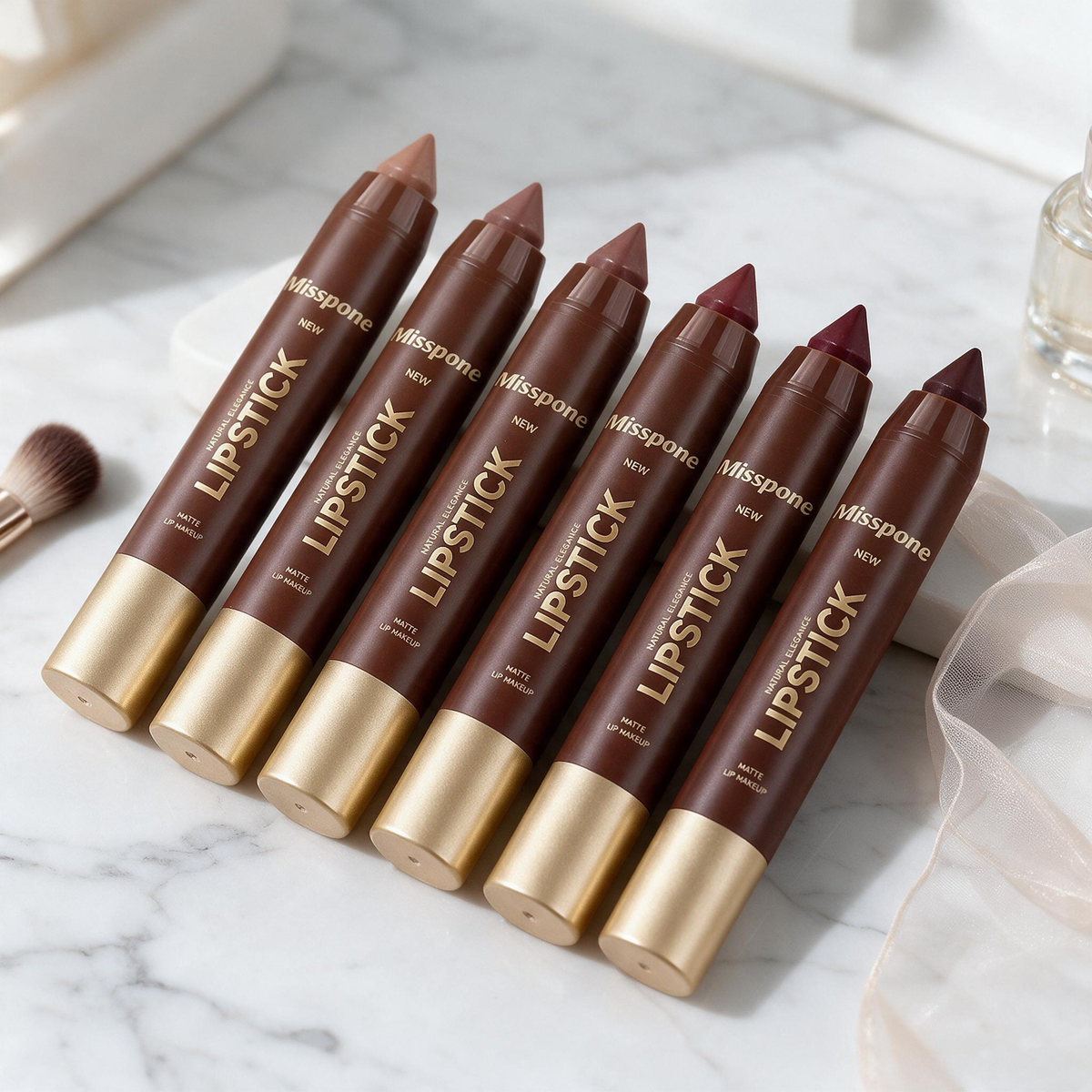 🔥6-Piece Matte Lip Crayon Set – Nude, Mauve & Brown Liner + Lip Color